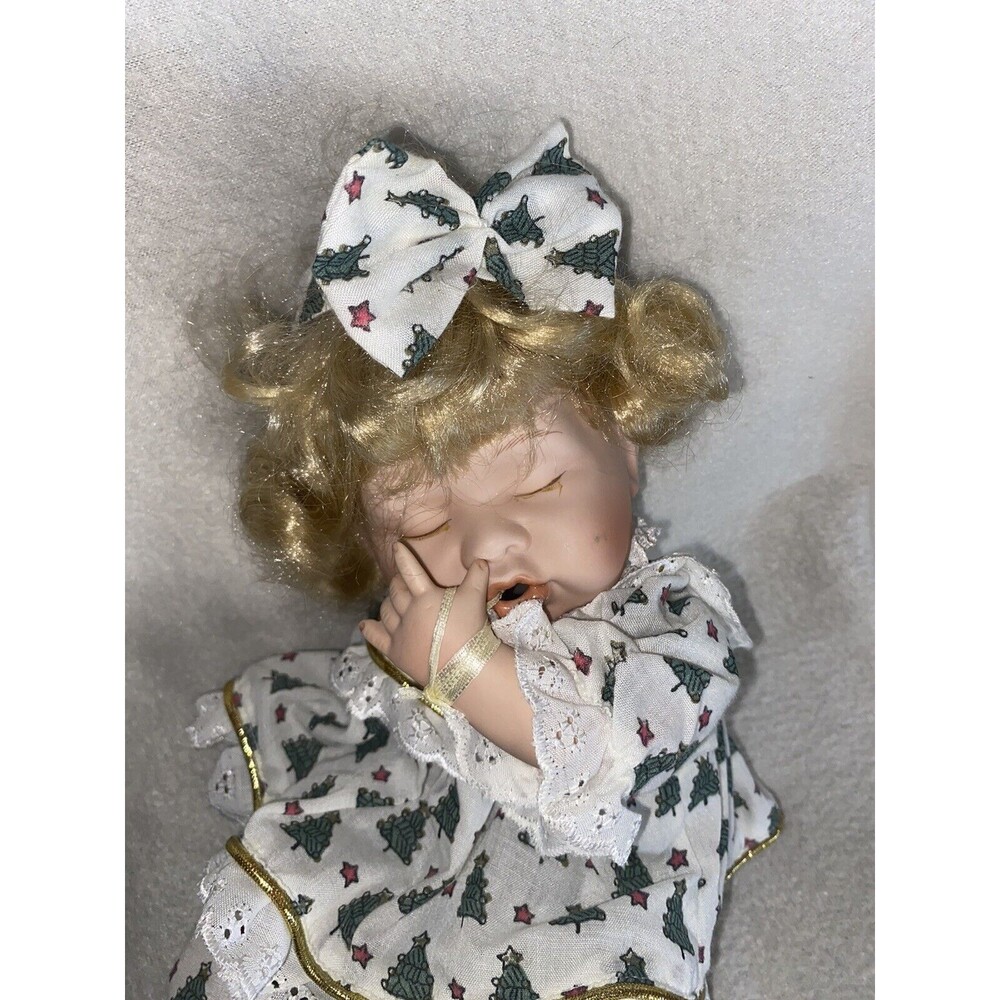 Vintage Christmas Baby Doll Sleeping Baby Porcelain Christmas Reindeer Slippers